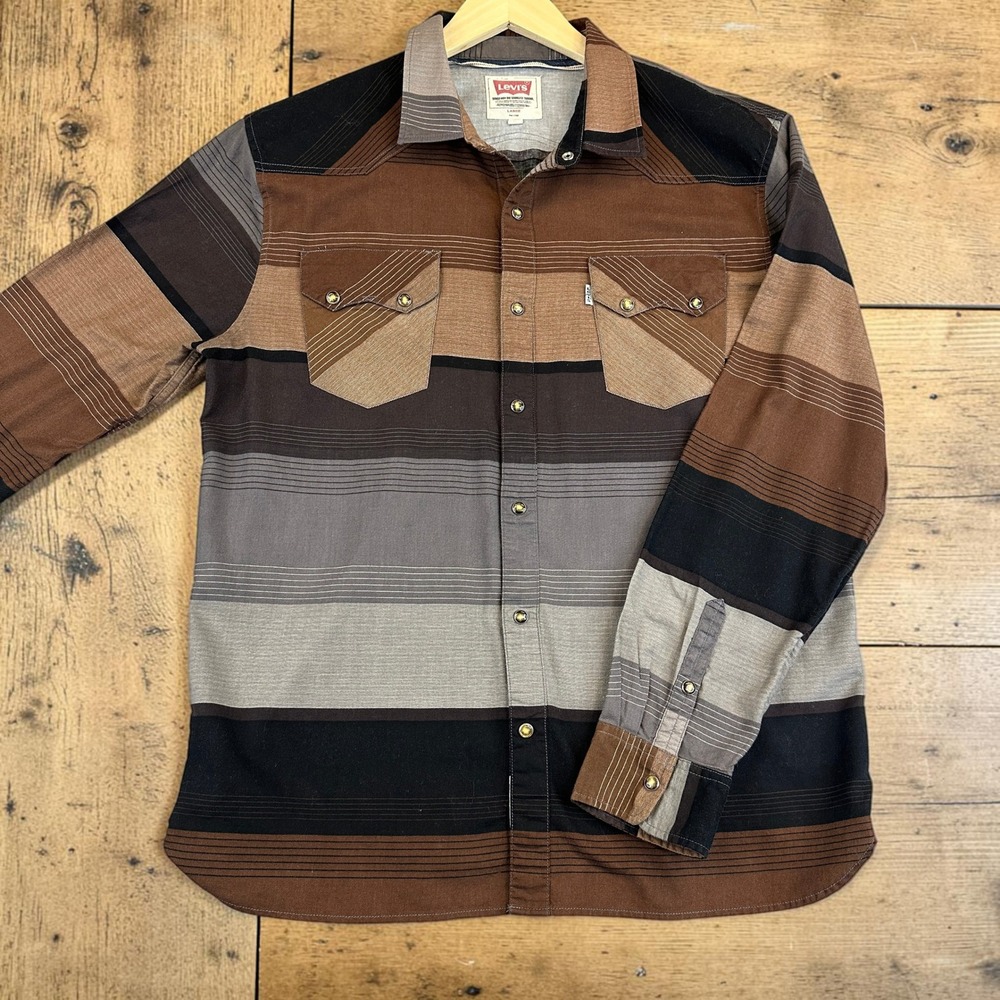 Levi's Pearl Snap Western Shirt Mens Large Brown Multi Stripe Long Sleeve Cotton